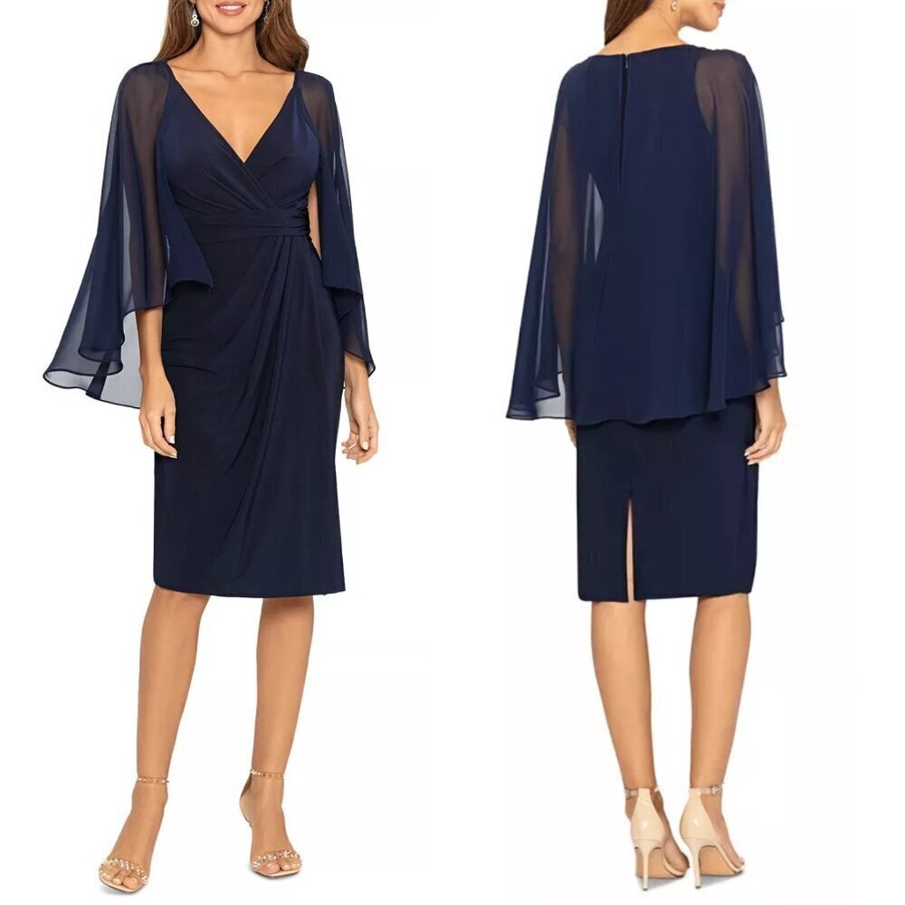 NWT Betsy & Adam Ruched Draped Chiffon Cape Sheath Midi Dress in Navy Sz. 6